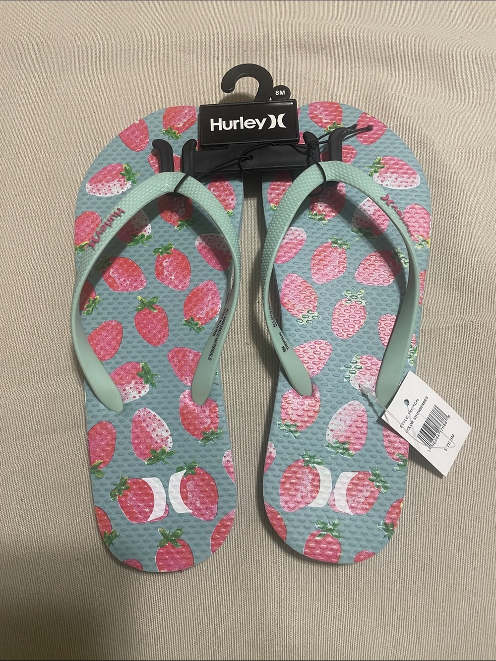 Hurley Mint Green Strap Flip Flops with Pink Strawberry Print